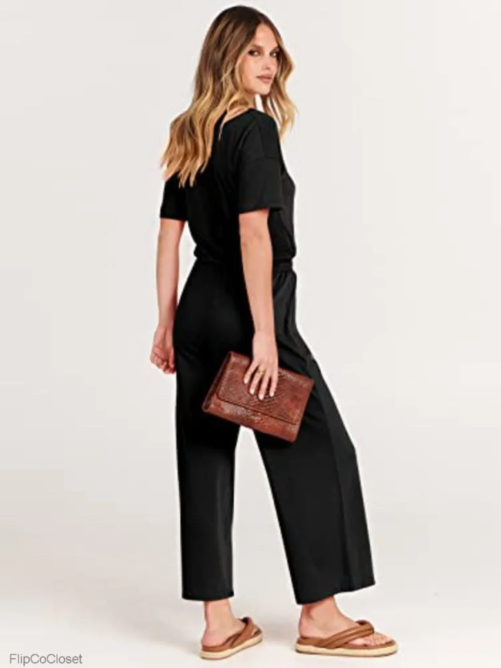 Women's Casual Wide Leg Cropped Jumpsuit V Neck Short Sleeve Romper with Pockets
